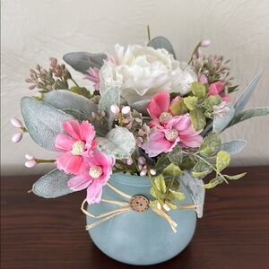 Silk Floral Arrangement in Blue Vase | Pink & White Cottagecore Spring Decor